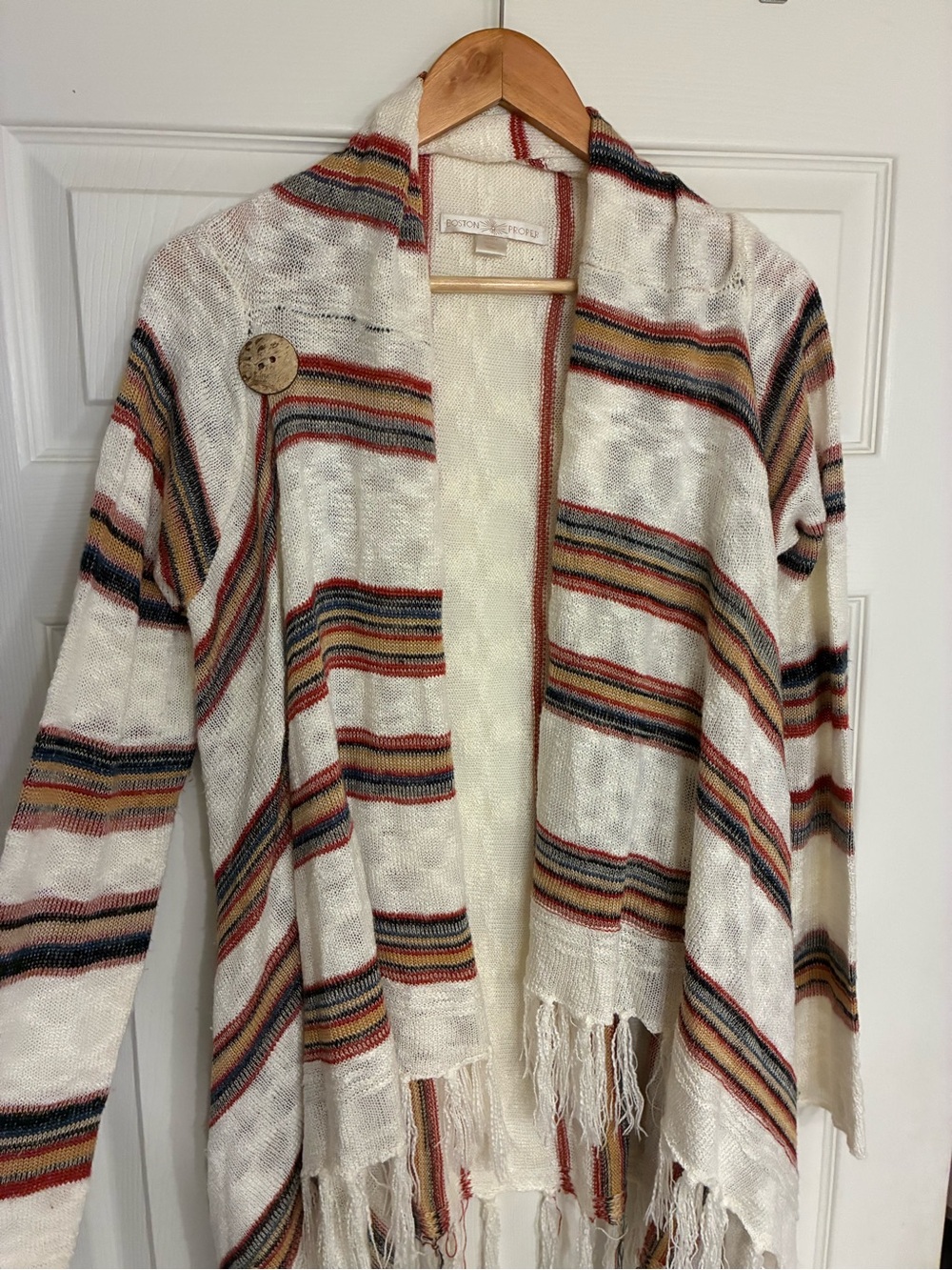 Boston Proper Cream Striped Fringe Open Cardigan